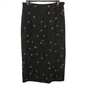 VTG Hillard & Hanson Black Floral Midi Skirt L Dandelion Side Slit Elastic Back